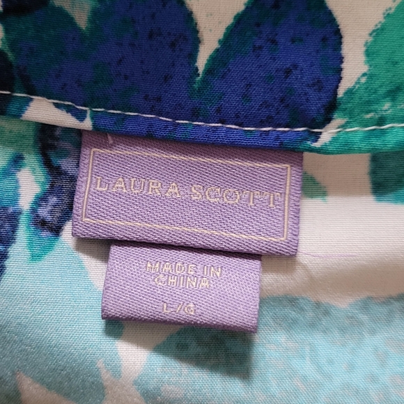 Print Button Down Laura Scott Tuxedo Blouse Green Blue Print Roll Tab Sleeve L - Picture 6 of 7